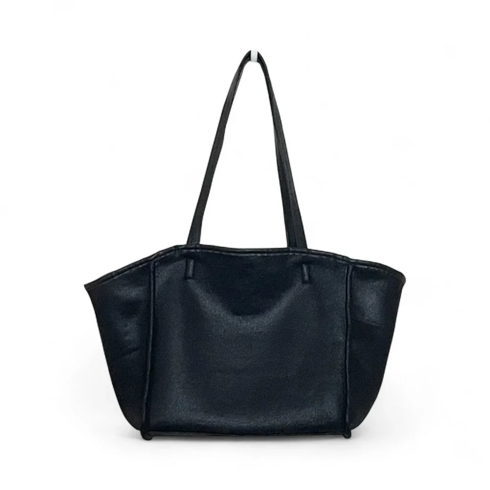 Neiman Marcus Black Faux Leather Reversible Sherpa Lined Large Tote Shoulder Bag